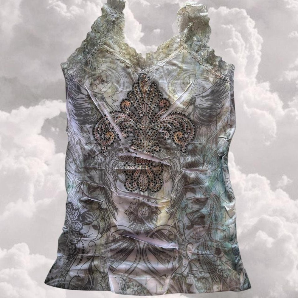 Y2K mcbling grunge graphic lace and rhinestone tank top